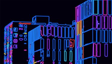 Neon çizgilerinin 3 boyutlu canlandırması, gece illüstrasyonunda bina sahnesi