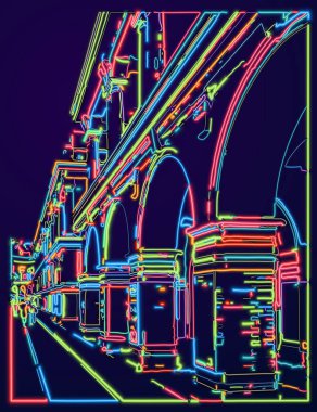 Gece soyut neon ışık efektleri siber şehir binası