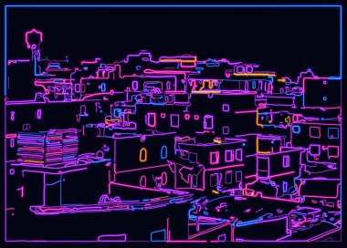 Gece illüstrasyonunda siber şehir neon etkisi sahnesi, gece şehir binası