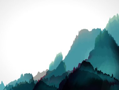 Dağ zirveleri ve bulutları olan soyut vektör arkaplanı.