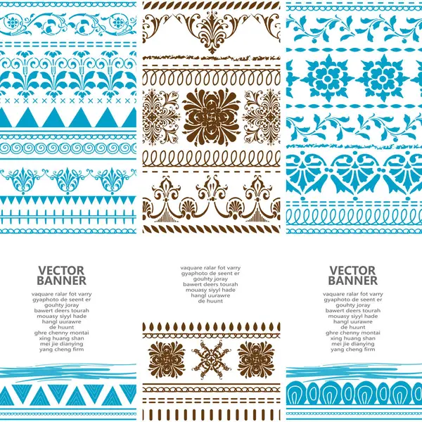 Çiçek süsleri ve kenarları olan soyut pankartların vektör kümesi.