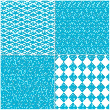 Mavi ve beyaz renkteki vektörsüz desenler kümesi