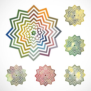 Renkli geometrik şekillerin farklı desenlere sahip soyut vektör çizimi