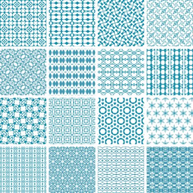 Kusursuz desen. Mavi ve beyaz geometrik şekiller kümesi.