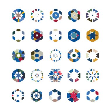 9 renkli geometrik şekil seti, altıgen, üçgen geometrik şekiller. vektör illüstrasyonu