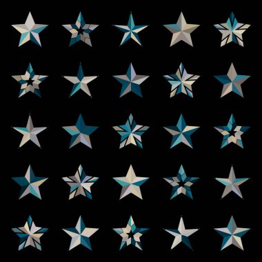 Siyah arkaplanda beş yıldızlı bir set. dekoratif yıldız tasarımı ögesi.