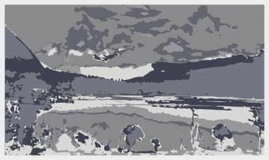 Manzaralı vektör çizimi. Dağlarda dağlar, dağlar, dağlar, ağaçlar.