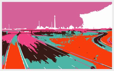 Şehir manzaralı bir yolun vektör rengi çizimi.