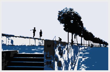 Köprü vektör illüstrasyonundaki insanlar. Spor ve aktif eğlence kavramı.