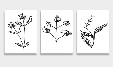 Bir dizi soyut el çizilmiş botanik çizimler. Çizgili duvar duvarı. Soyut sanat duvar sanatı. Doğal şekil. Duvar resmi kapağı.
