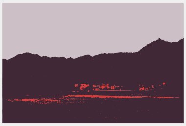 Dağları ve ağaçları olan soyut bir manzara.