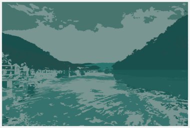 Vektör suluboya manzarası. dağlar ve nehir