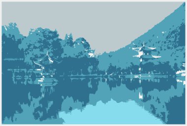 Arkaplanda göl ve dağların manzarası, vektör illüstrasyonu