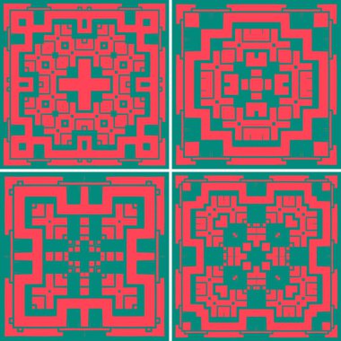 Kırmızı Çin penceresi desenli. Asya desenleri koleksiyonu