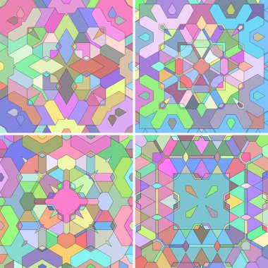 Bir dizi kusursuz desen. Üçgenler, mozaikler, fayanslar, altıgenler ve karelerle geometrik arkaplan