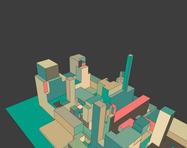 Bir sürü binayla birlikte şehrin 3 boyutlu görüntüsü.