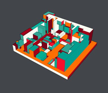 Bir planı olan modern bir evin izometrik 3 boyutlu vektör çizimi.