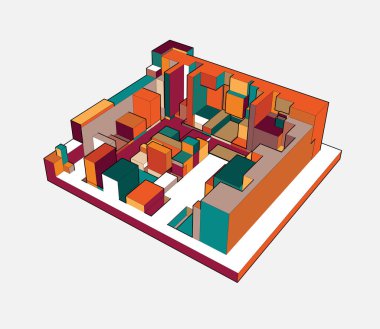 Planlı ev. Üç boyutlu model. 3d vektör illüstrasyonu.