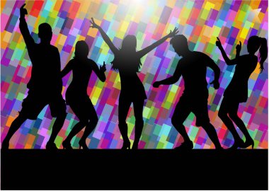 Dancing people silhouettes , retro background.