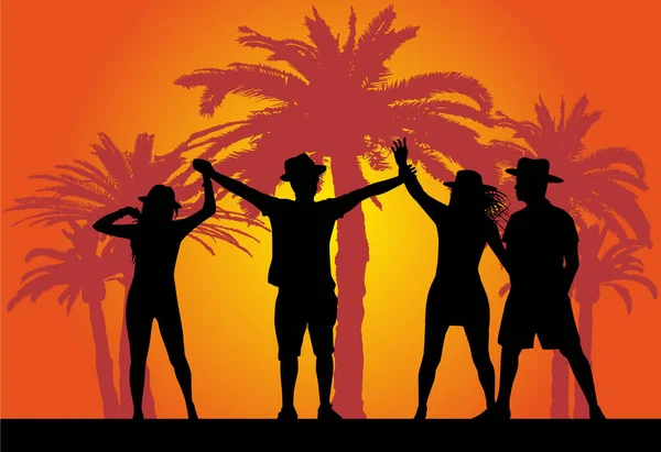 Dancing Silhouettes People Palm Trees — ストックベクタ