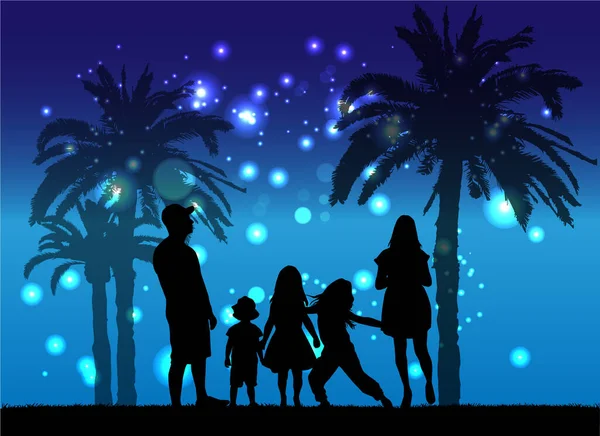 Family on vacation. Silhouettes of people under palm trees.
