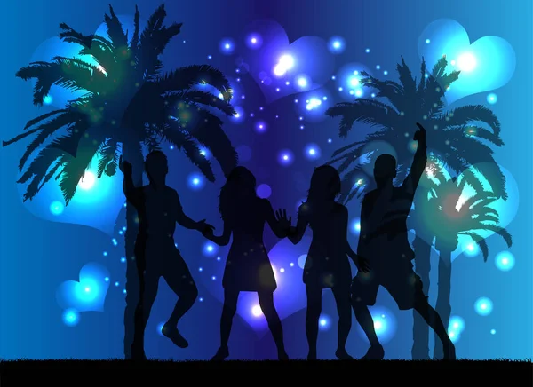 Dancing Silhouettes People Palm Trees Stok Illüstrasyon
