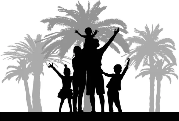 Family Vacation Silhouettes People Palm Trees Vektör Grafikler
