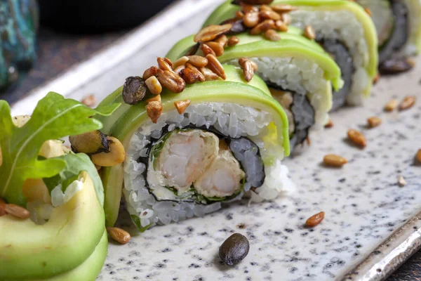 Finom Friss Sushi Nyers Hal Finom Japán Étel — Stock Fotó