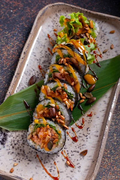 Finom Friss Sushi Nyers Hal Finom Japán Étel Stock Kép
