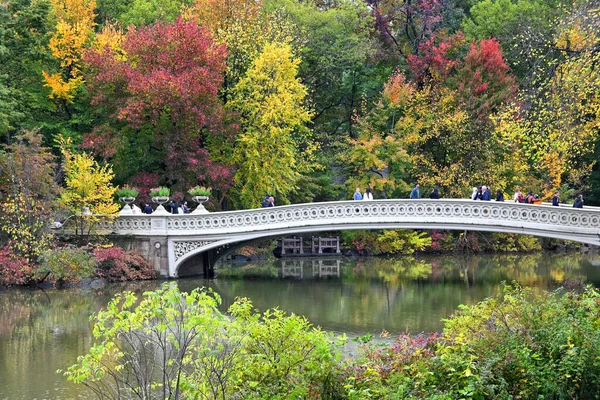 ニューヨーク 2022年10月23日 初秋のセントラルパークの紅葉に囲まれた絵のような橋 — ストック写真