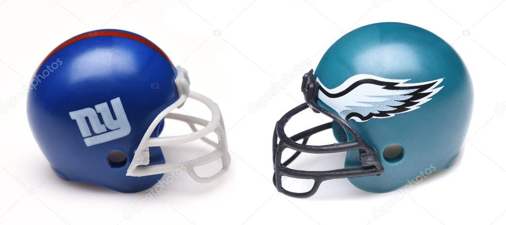 IRVINE, CALIFORNIA - 16 JAN 2023: Helmets for the New York Giants and Philadelphia Eagles, opponents in the NFL Divisional Playoff Game.