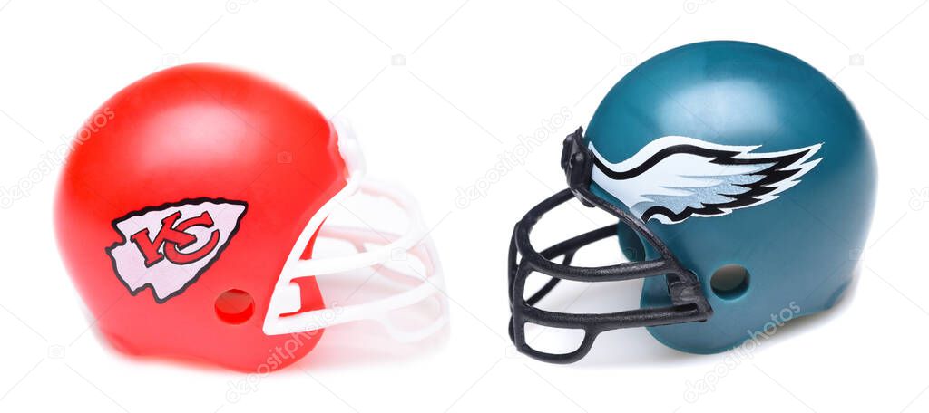 IRVINE, CALIFORNIA - 30 Jan 2023: Football helmets of the Kansas City Chiefs vs Philadelphia Eagles, opponents in Superbowl LVII.