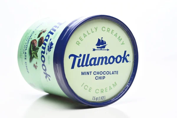 Irvine California Apr 2023 ティラムックミントチョコレートチップアイスクリームの紙容器の側面図 — ストック写真
