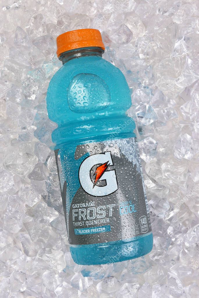 IRVINE, CALIFORNIA - 5 JUNE 2023: A bottle of Gatorade Frost Glacier Freeze Thirst Quencher on ice.