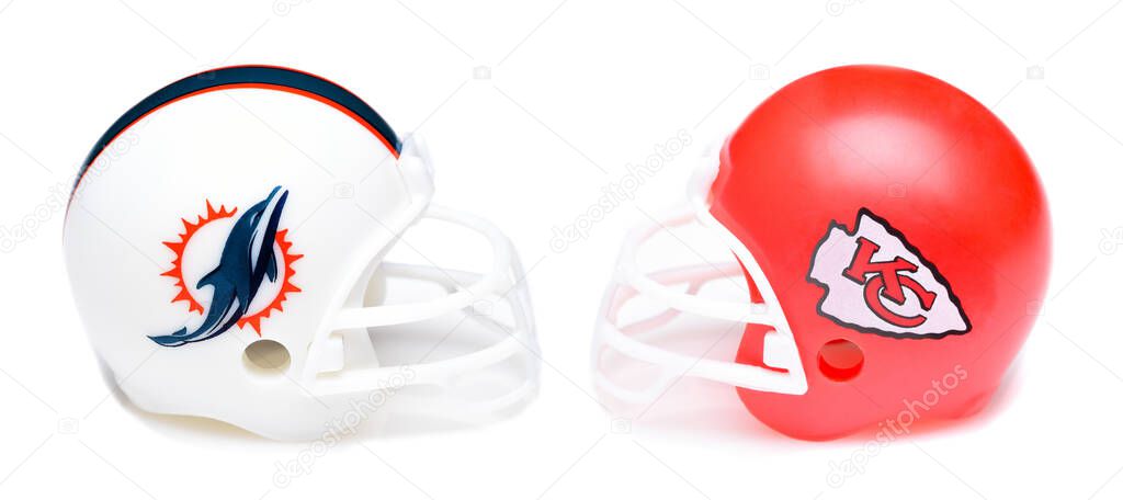 IRVINE, CALIFORNIA - 11 JAN 2024: Helmets for the Kansas City Chiefs and Buffalo Bills, opponents in the NFL Wild Card Playoff Round.