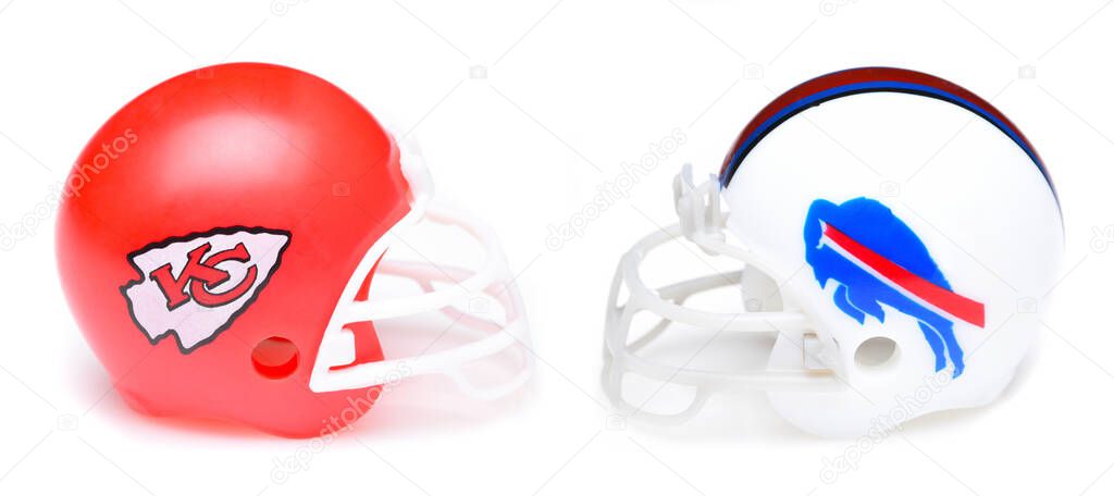 IRVINE, CALIFORNIA - 18 JAN 2024: Helmets for the Kansas City Chiefs and Buffalo Bills, opponents in the NFL Divisional Playoff Round.