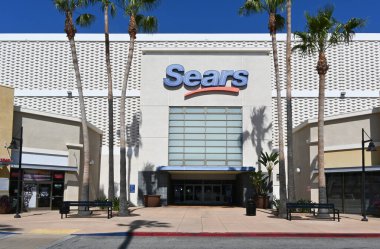 WHITTIER, CALIFORNIA - 28 APR 2024: Main Entrance to the Sears Department Store in Whitwood Town Center. clipart