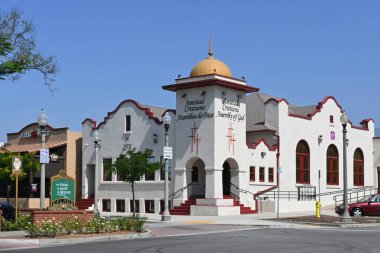 UPLAND, CALIFORNIA - 14 JULY 2024: The Assembly of God Church in Historic Downtown Upland. clipart