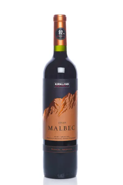 stock image IRVINE, CALIFORNIA - 6 SEPT 2024: A bottle of Kirkland Malbec from Mendoza, Argentina, a private label from COSTCO. 