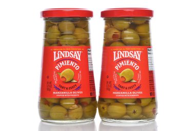 IRVINE, CALIFORNIA - 6 SEPT 2024: Two bottles of Lindsay Pimiento Manzanilla Olives stuffed with Pimiento. clipart