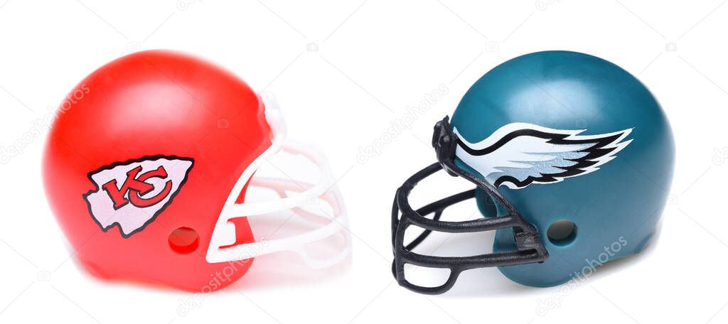 IRVINE, CALIFORNIA - 26 Jan 2025: Football helmets of the Kansas City Chiefs and Philadelphia Eagles, opponents in Superbowl LIX.