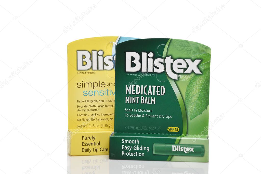 IRVINE, CALIFORNIA - 13 FEB 2025: Two packages of Blistex Medicated Lip Balm, mint flavored and simple and sensitive.
