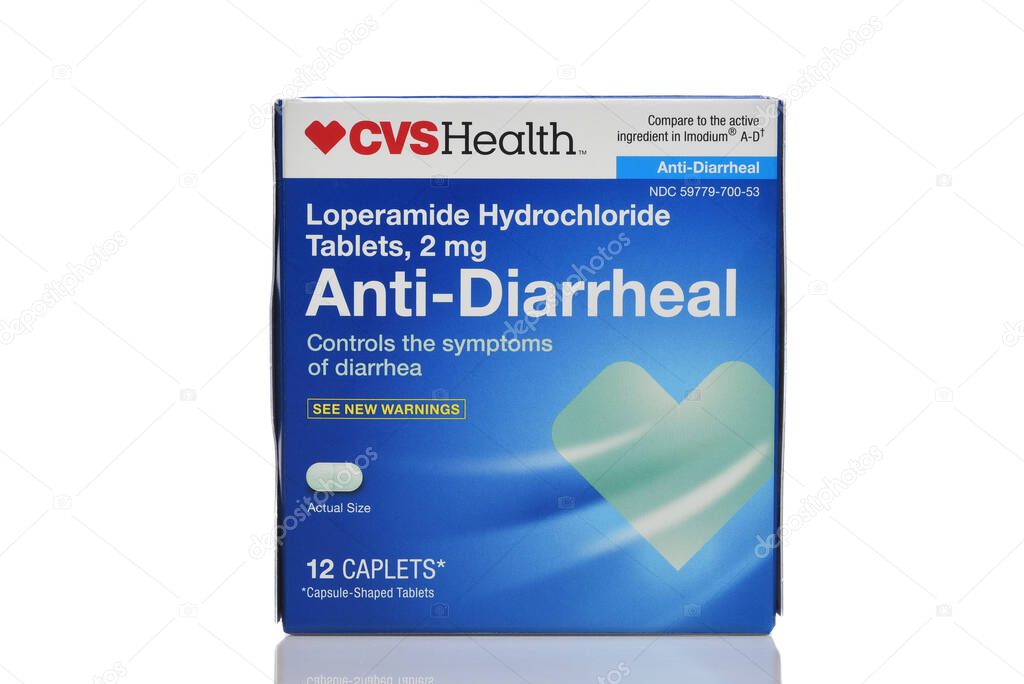 IRVINE, CALIFORNIA - 10 APR 2025: A box of CVS Anti-Diarrheal tablets.