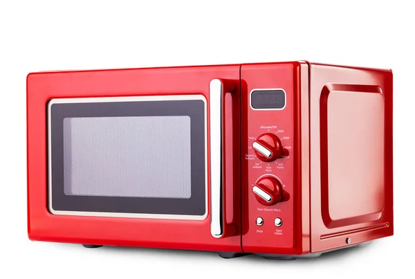 Moderno Horno Microondas Rojo Para Cocinar Alimentos Aislados Sobre Fondo —  Fotos de Stock