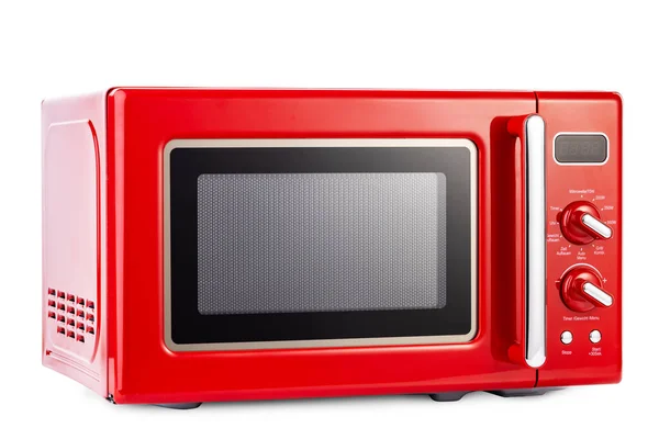 Modern Red Microwave Oven Cooking Food Isolated White Background Clipping — Stock Photo, Image