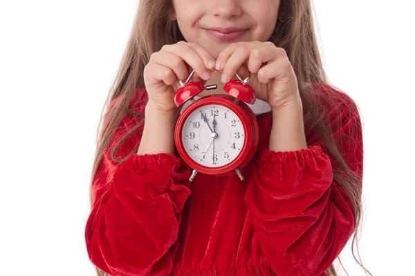 Christmas Woman Red Alarm Clock Smiling Girl Red Santa Claus — Stock Photo, Image