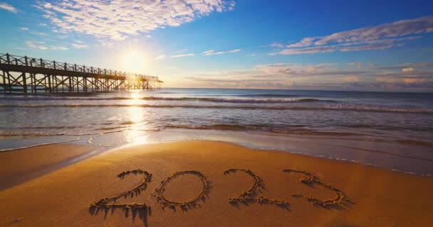Nascer Sol Sobre Mar Praia Feliz Ano Novo 2023 Conceito — Vídeo de Stock