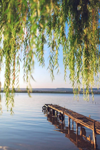 Sunset Sea Lake Old Wooden Pier Romantic Travel Destination Nature — Foto Stock