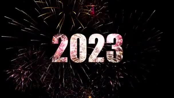 Gelukkig Nieuwjaar 2023 Seizoensgebonden Achtergrondverlichting Vuurwerk Middernachtelijke Hemel Vuurwerk Spandoek — Stockvideo