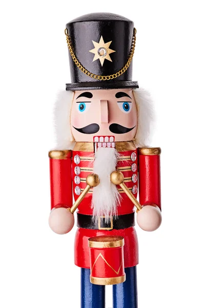 白い背景にくるみ割り人形のクリスマス兵士 木製クリスマスルームの装飾 — ストック写真